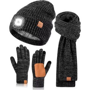 LED Beanie Gloves Scarf Set,Winter Hat Built in Headlamp,Scarf,Touchscreen Glove